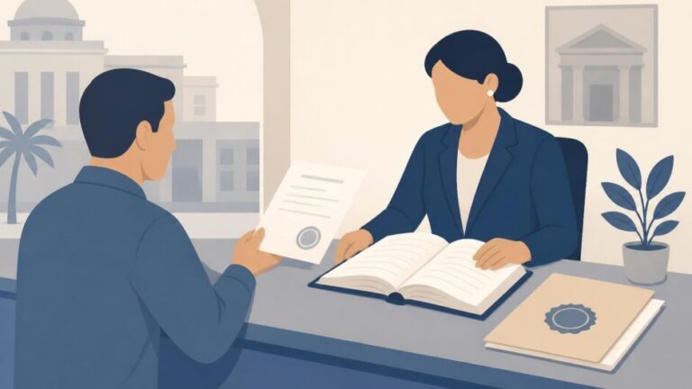 Persona entrega documentos en una oficina de registro para solicitar una certificación sucesoria.