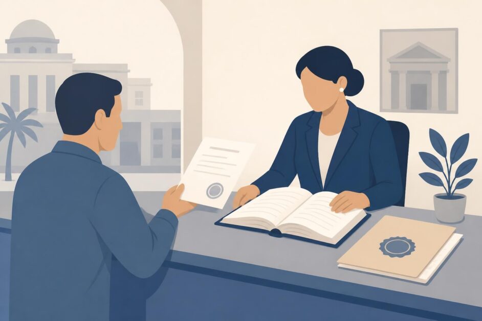 Persona entrega documentos en una oficina de registro para solicitar una certificación sucesoria.