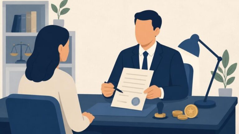 Persona consulta un documento sellado con un notario en una oficina.