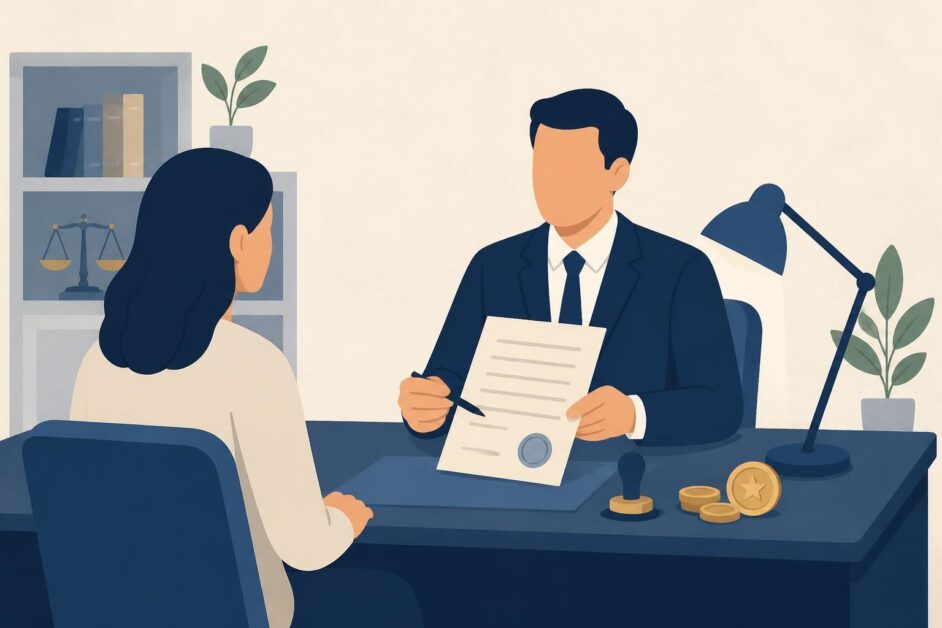 Persona consulta un documento sellado con un notario en una oficina.