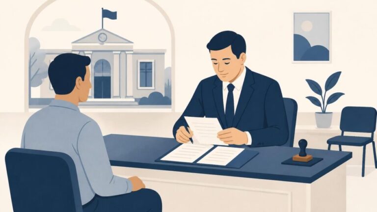 Persona entrega documentos a un notario en una oficina estatal.