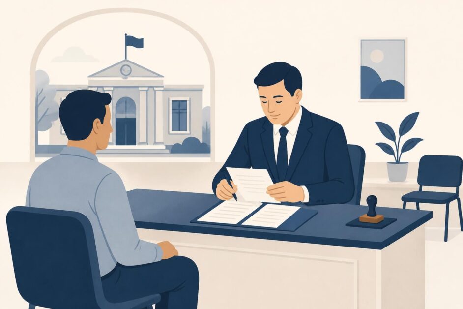 Persona entrega documentos a un notario en una oficina estatal.