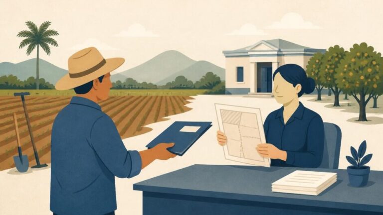 Agricultor entrega documentos a una funcionaria frente a una parcela cultivable y un plano de terreno.