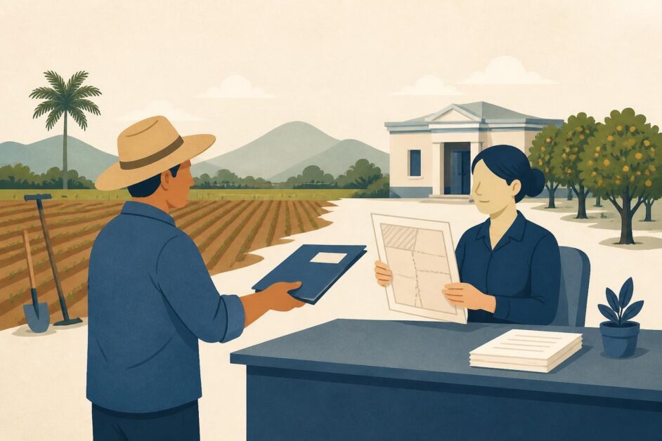 Agricultor entrega documentos a una funcionaria frente a una parcela cultivable y un plano de terreno.