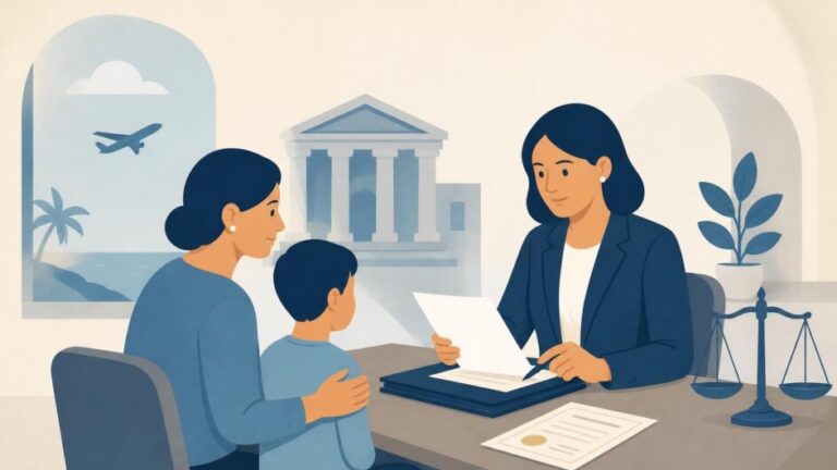 Cuidadora y menor consultan con una abogada sobre documentos de pensión alimenticia.