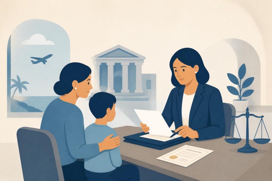 Cuidadora y menor consultan con una abogada sobre documentos de pensión alimenticia.