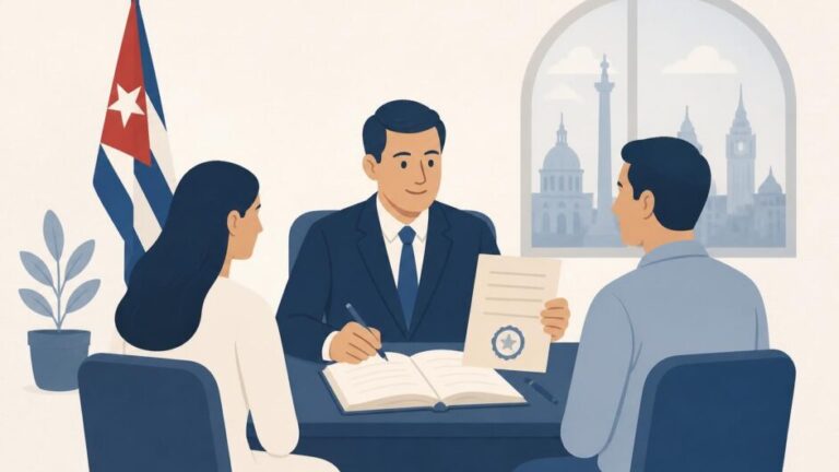 Dos cónyuges firman un libro de Registro Civil ante un funcionario en una oficina consular cubana.