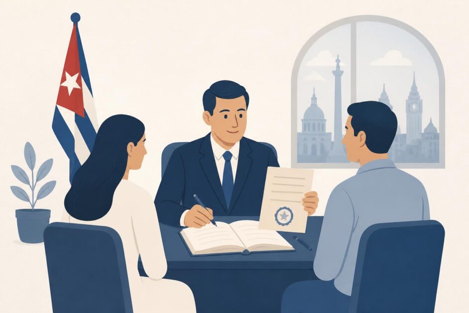 Dos cónyuges firman un libro de Registro Civil ante un funcionario en una oficina consular cubana.