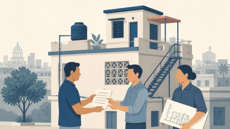 Dos personas formalizan un acuerdo con un arquitecto frente a un edificio cuya azotea tendrá una nueva vivienda.