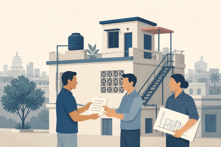 Dos personas formalizan un acuerdo con un arquitecto frente a un edificio cuya azotea tendrá una nueva vivienda.