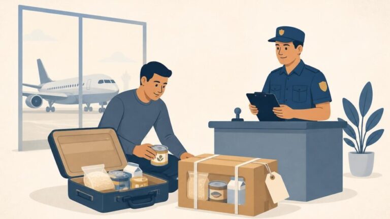 Viajero presenta un bulto separado con alimentos sellados ante un inspector de aduana en un aeropuerto.