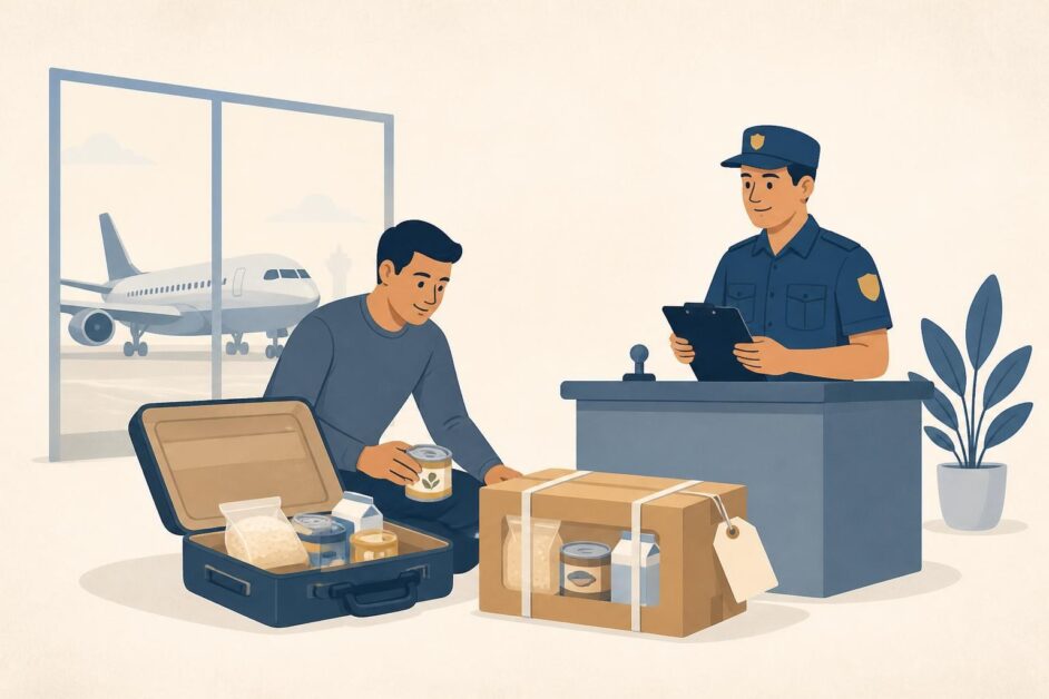 Viajero presenta un bulto separado con alimentos sellados ante un inspector de aduana en un aeropuerto.