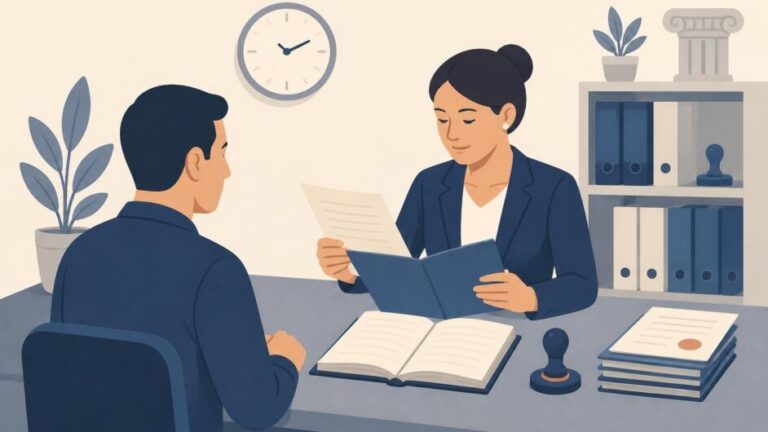 Persona consulta a una notaria mientras revisan un expediente y un libro de control.