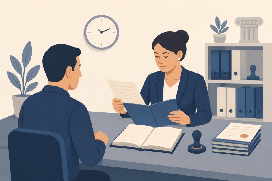 Persona consulta a una notaria mientras revisan un expediente y un libro de control.