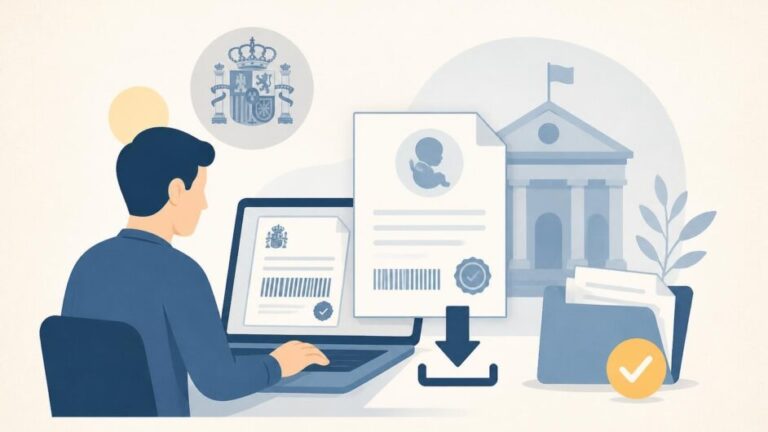 Persona descarga desde un portátil un certificado de nacimiento verificado con un documento del Registro Civil.