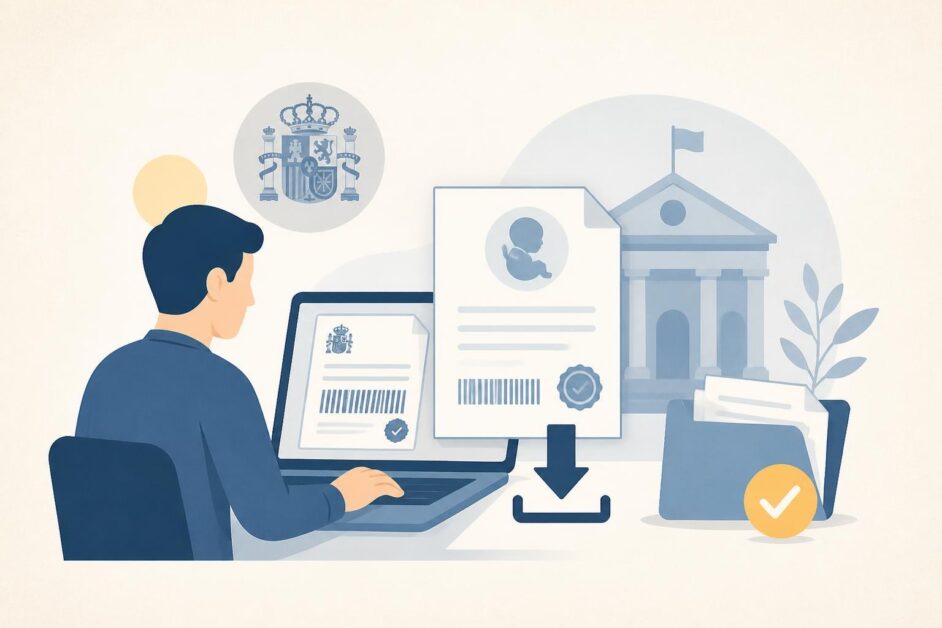 Persona descarga desde un portátil un certificado de nacimiento verificado con un documento del Registro Civil.