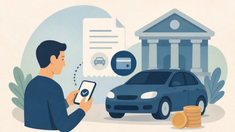 Persona realiza un pago digital junto a un automóvil y una sucursal bancaria estilizada.