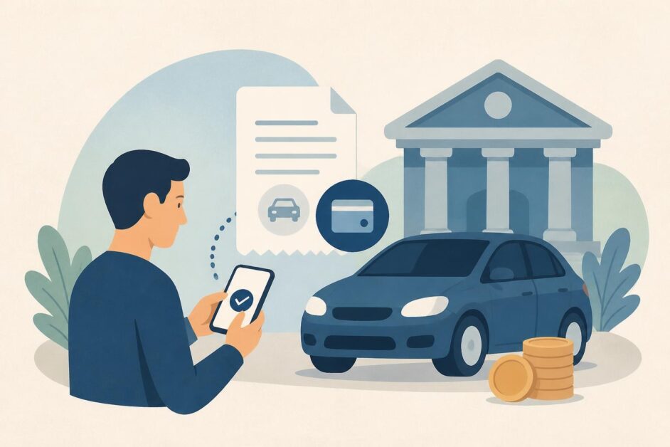 Persona realiza un pago digital junto a un automóvil y una sucursal bancaria estilizada.