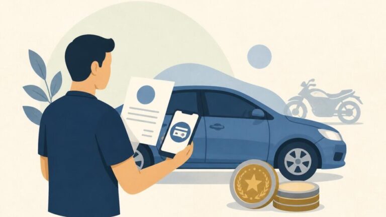 Persona junto a un automóvil realiza un pago digital relacionado con un impuesto vehicular.