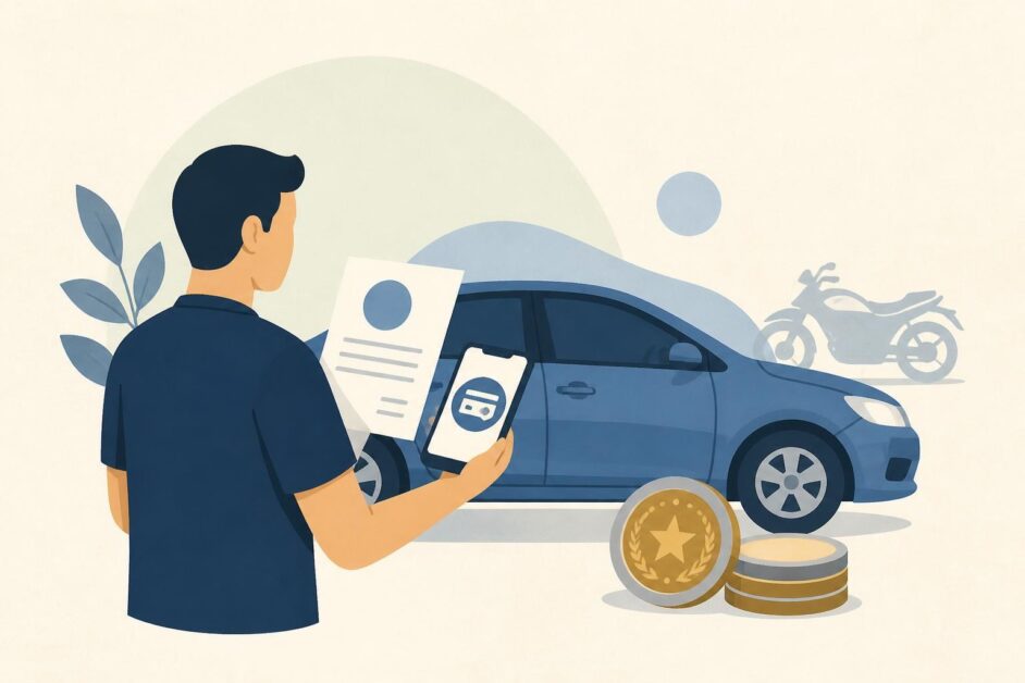 Persona junto a un automóvil realiza un pago digital relacionado con un impuesto vehicular.