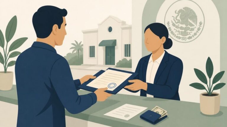 Persona entrega documentos y una cita impresa a una funcionaria en un mostrador consular.
