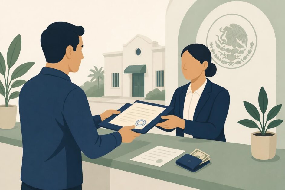 Persona entrega documentos y una cita impresa a una funcionaria en un mostrador consular.