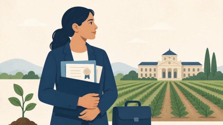 Ingeniera agrónoma con documentos académicos frente a un campo de cultivo y una universidad.