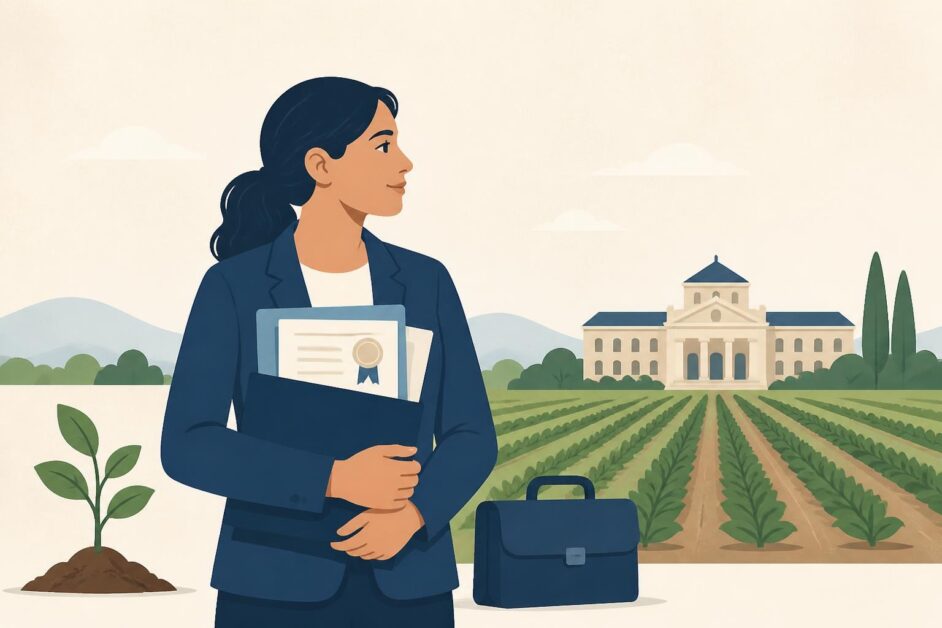 Ingeniera agrónoma con documentos académicos frente a un campo de cultivo y una universidad.