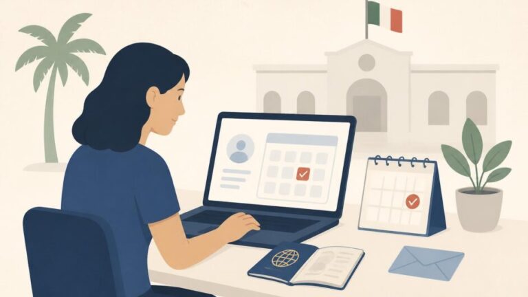 Persona con pasaporte usa una computadora para solicitar una cita consular, con calendario y edificio consular al fondo.