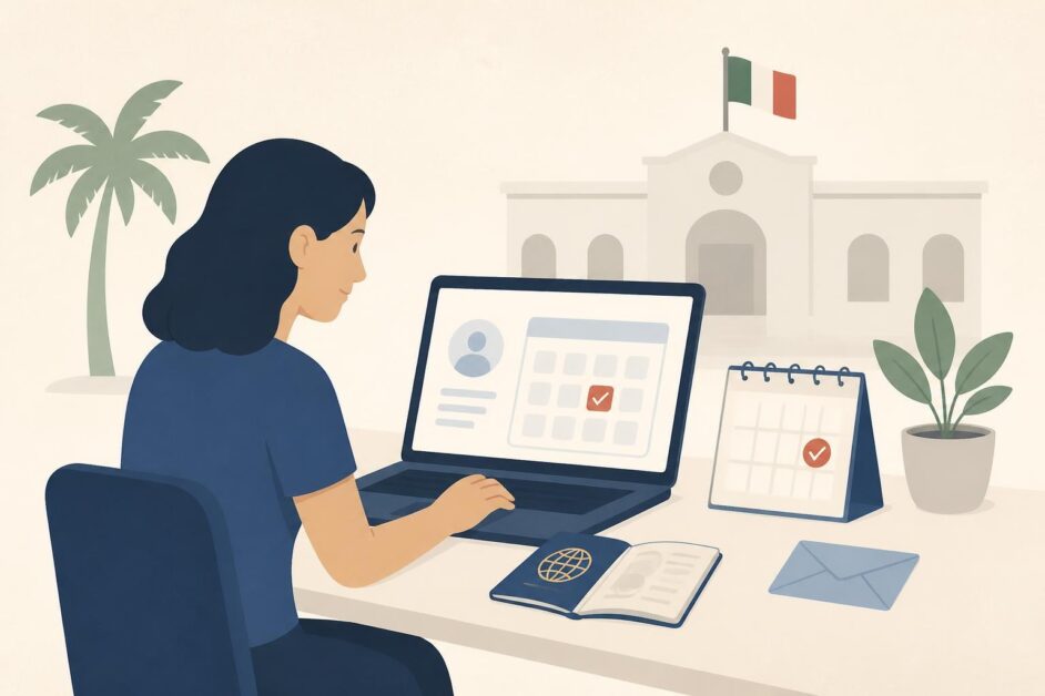 Persona con pasaporte usa una computadora para solicitar una cita consular, con calendario y edificio consular al fondo.