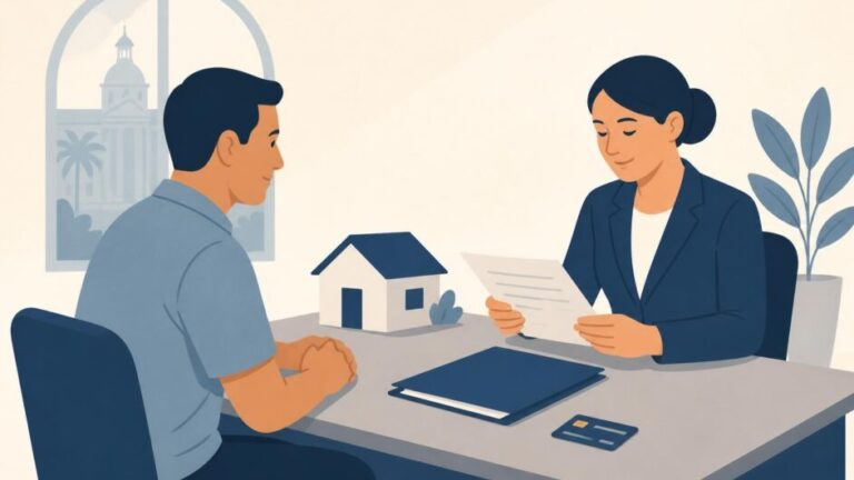 Persona y empleado bancario revisan una solicitud de crédito con documentos, una tarjeta y un modelo de vivienda.