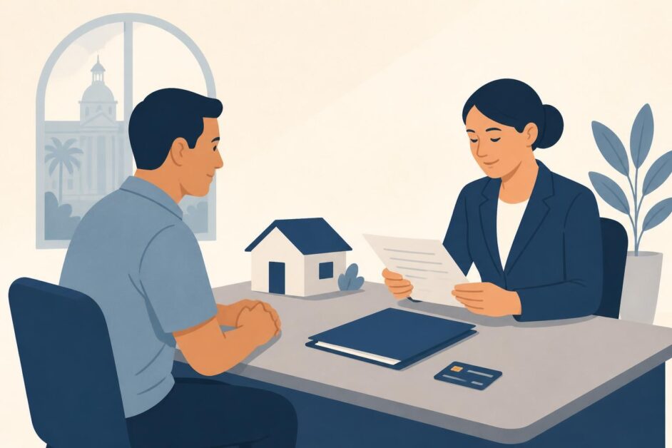 Persona y empleado bancario revisan una solicitud de crédito con documentos, una tarjeta y un modelo de vivienda.