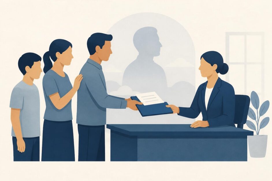 Familia presenta documentos ante una funcionaria judicial por la desaparición de un ser querido.