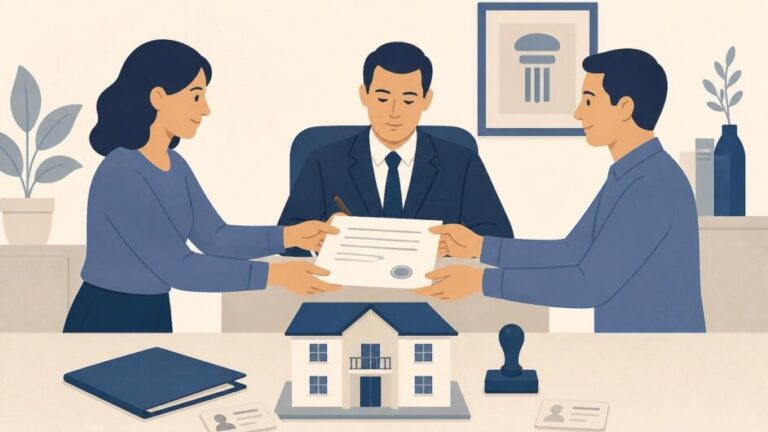 Dos personas formalizan ante notario la cesión gratuita de una participación en una vivienda.