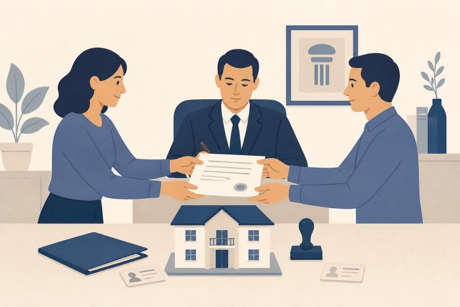 Dos personas formalizan ante notario la cesión gratuita de una participación en una vivienda.
