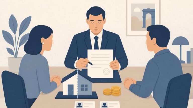 Dos personas formalizan ante notario la cesión pagada de una participación de vivienda compartida.