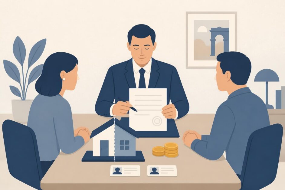 Dos personas formalizan ante notario la cesión pagada de una participación de vivienda compartida.