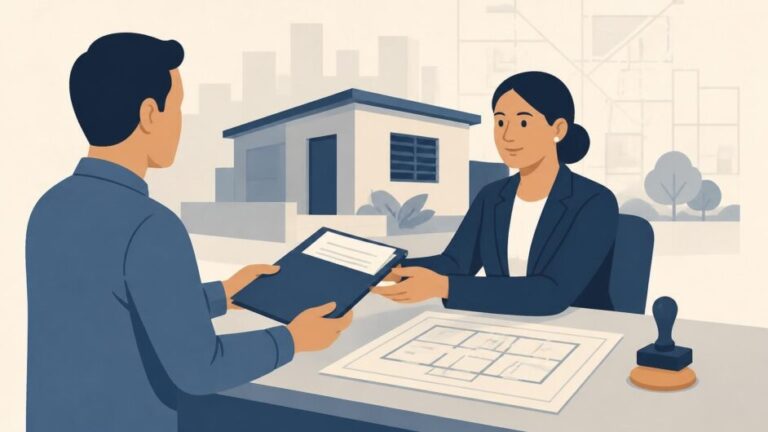 Persona presenta documentos y un plano técnico en una oficina municipal para regularizar una vivienda.