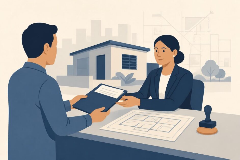 Persona presenta documentos y un plano técnico en una oficina municipal para regularizar una vivienda.