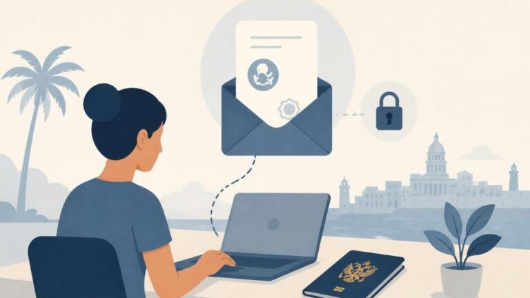 Persona en Cuba recibe un documento digital por correo electrónico junto a un pasaporte español.