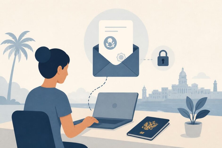 Persona en Cuba recibe un documento digital por correo electrónico junto a un pasaporte español.