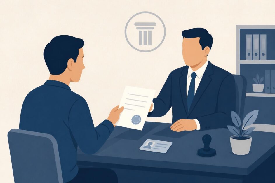 Persona entrega un documento a un notario en una oficina mientras muestra su carné de identidad.