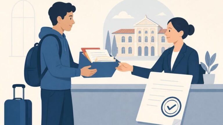 Estudiante entrega documentos académicos en una oficina para homologar sus estudios en España.