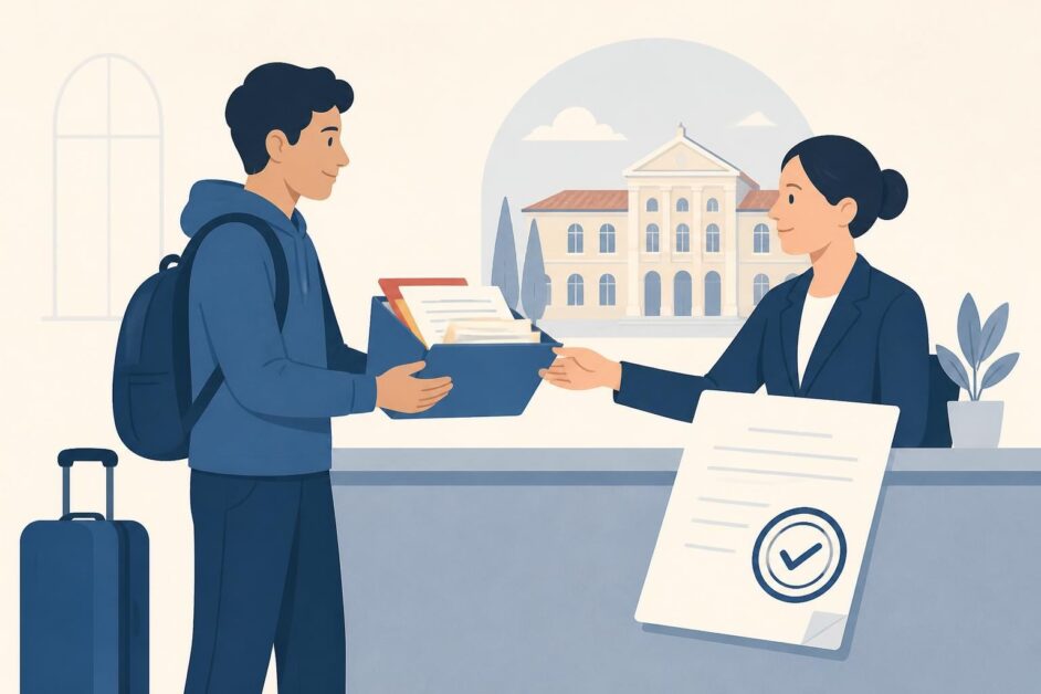 Estudiante entrega documentos académicos en una oficina para homologar sus estudios en España.