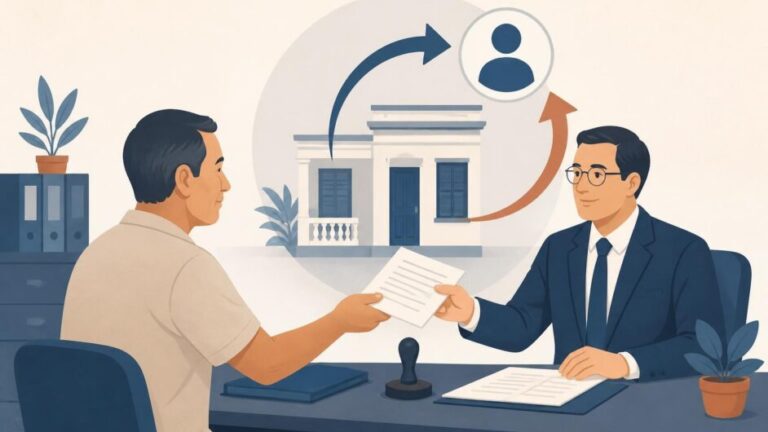 Donante y notario revisan una escritura de revocación con una vivienda al fondo.