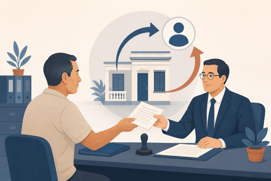 Donante y notario revisan una escritura de revocación con una vivienda al fondo.