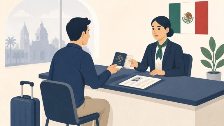 Persona presenta pasaporte y formulario en un mostrador consular para solicitar una visa mexicana.