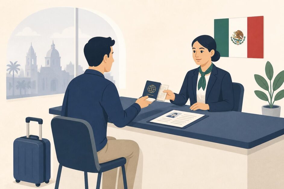 Persona presenta pasaporte y formulario en un mostrador consular para solicitar una visa mexicana.