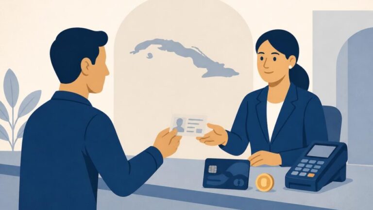 Persona presenta su identificación en un mostrador para obtener una tarjeta prepago junto a una terminal de pago.