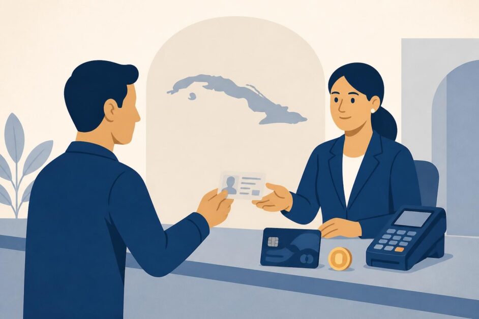 Persona presenta su identificación en un mostrador para obtener una tarjeta prepago junto a una terminal de pago.